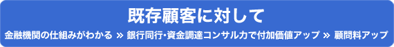 【既存顧客に対して】 金融機関の仕組みがわかる　→　銀行同行・資金調達コンサル力で付加価値アップ　→　顧問料アップ 